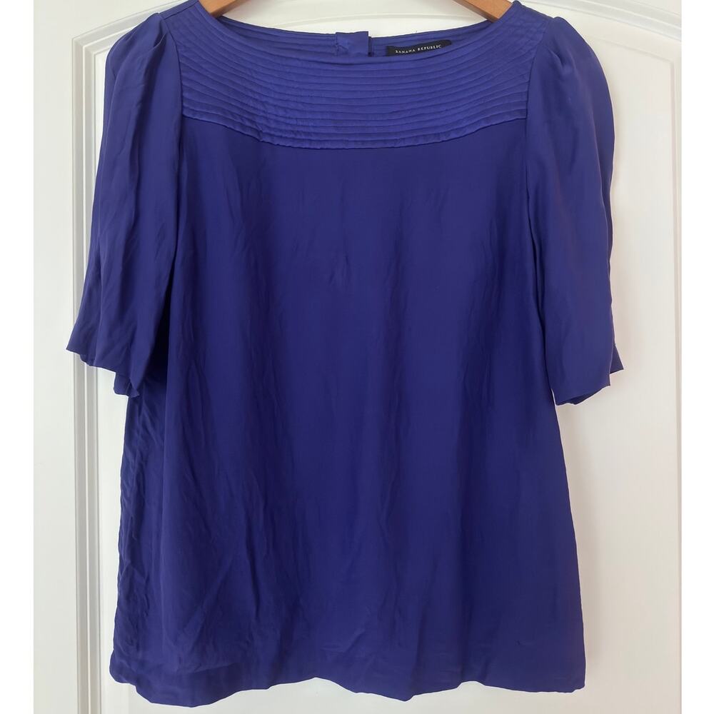 Banana Republic 100% Silk Blouse Pleated Yoke Puff Sleeve Purple Medium